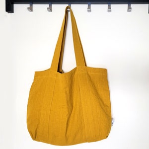 Natürliche Leinen-Einkaufstasche mit 6 Innentaschen, große Leinen-Strandtasche, Stoff-Markttasche, minimalistische Einkaufstasche, vegane Einkaufstasche Mustard