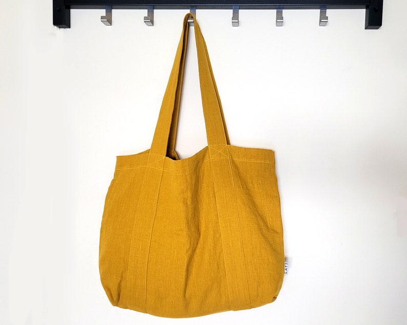 Natürliche Leinen-Einkaufstasche mit 6 Innentaschen, große Leinen-Strandtasche, Stoff-Markttasche, minimalistische Einkaufstasche, vegane Einkaufstasche Mustard