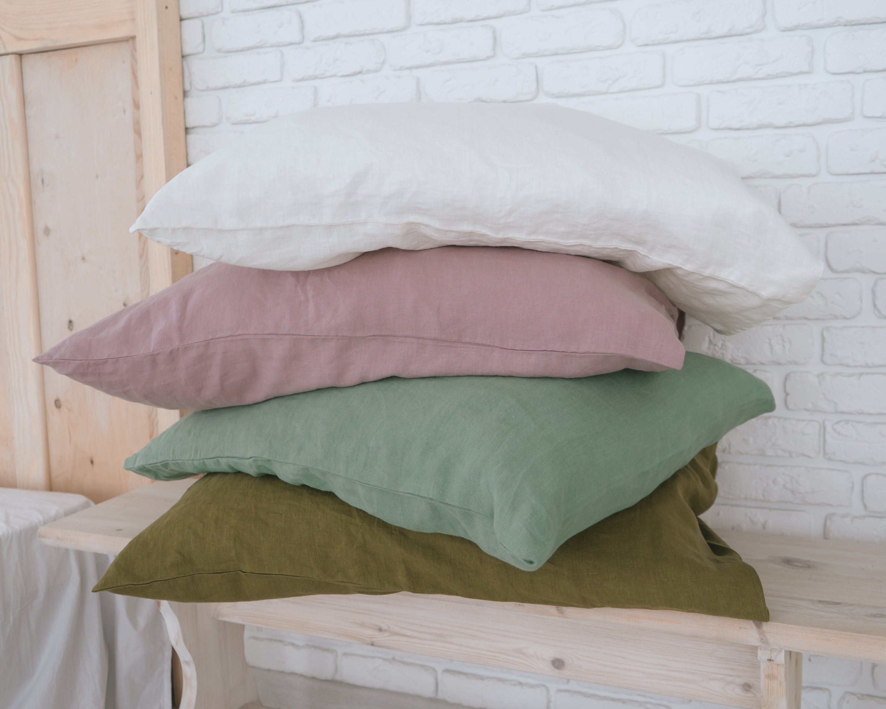 Housses d'oreiller en Lin Naturel, Taies Lin, Housse Biologique, de Coussin Blanc Rose et Vert