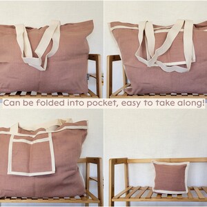 May include: A set of four images showcasing a large, dusty rose tote bag with cream-colored handles and trim. The bag is shown in various states, including folded and transformed into a pillow. Text reads: "Can be folded into pocket, easy to take along!"