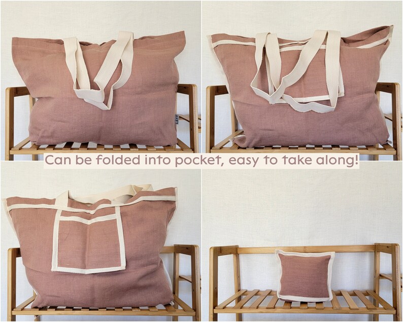 May include: A set of four images showcasing a large, dusty rose tote bag with cream-colored handles and trim. The bag is shown in various states, including folded and transformed into a pillow. Text reads: "Can be folded into pocket, easy to take along!"
