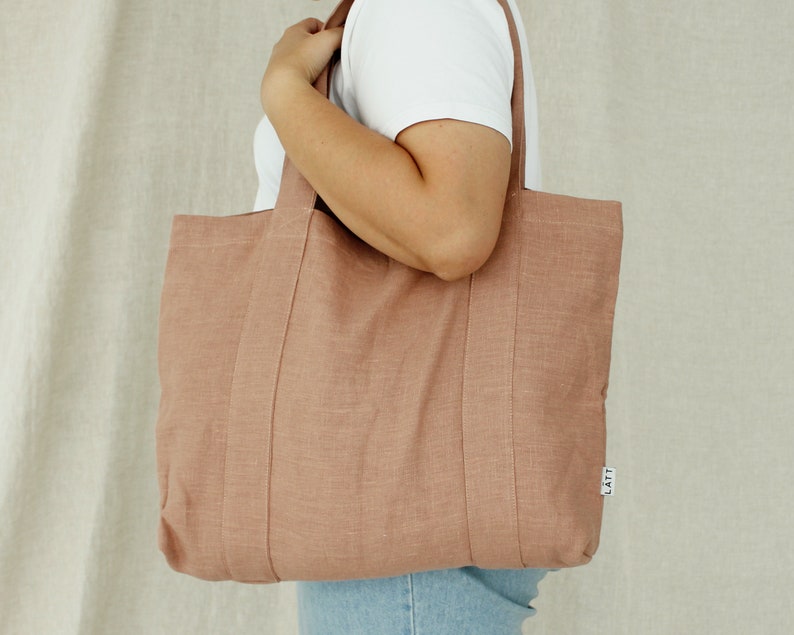 Natürliche Leinen-Einkaufstasche mit 6 Innentaschen, große Leinen-Strandtasche, Stoff-Markttasche, minimalistische Einkaufstasche, vegane Einkaufstasche Pink beige