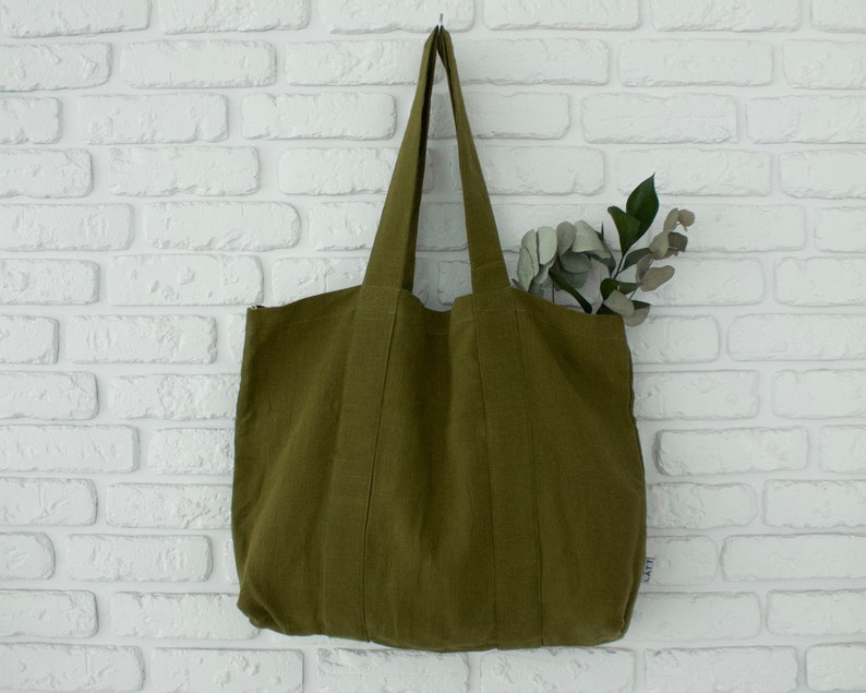 Natürliche Leinen-Einkaufstasche mit 6 Innentaschen, große Leinen-Strandtasche, Stoff-Markttasche, minimalistische Einkaufstasche, vegane Einkaufstasche Bild 9