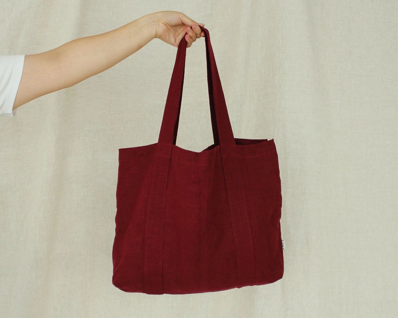Natürliche Leinen-Einkaufstasche mit 6 Innentaschen, große Leinen-Strandtasche, Stoff-Markttasche, minimalistische Einkaufstasche, vegane Einkaufstasche Burgundy red