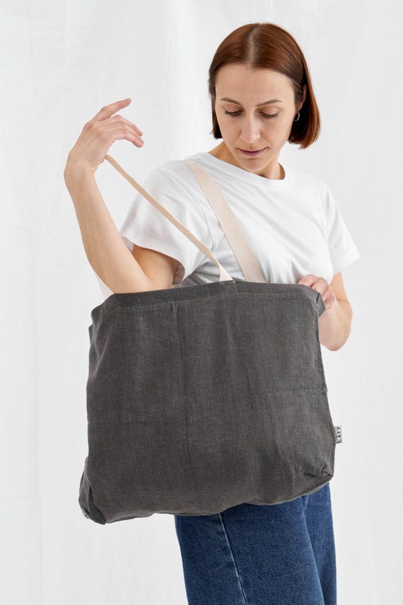 Natural linen tote bag with pocket, large linen beach bag, fabric market bag, minimalist tote bag, vegan tote bag