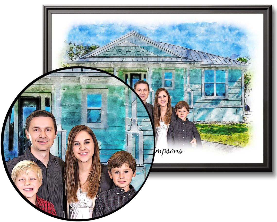 Family Canvas Wall Art House and family portrait from photo | Etsy