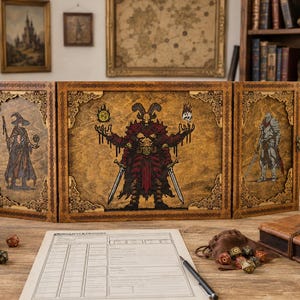 Może przedstawiać: Drewniany, potrójnie składany ekran do gier stołowych z grafiką fantasy. Ekran przedstawia ilustracje czarodzieja, demona i rycerza. Ekran jest brązowy z ozdobnymi, złotymi wykończeniami. Kości, karta postaci i długopis leżą na drewnianym stole.