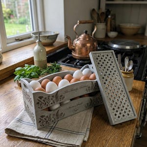 Puede incluir: Una caja de huevos de madera gris llena de huevos marrones y blancos, con el texto "The Family Kitchen" y "Farm Fresh Eggs". Una tapa a juego con diseño de celosía descansa al lado de la caja. La caja está sobre un paño de lino.