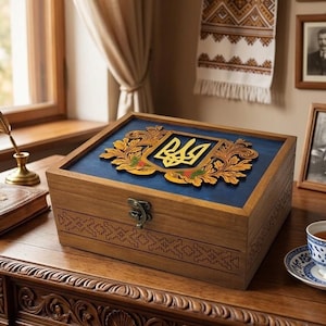 Ukrainian Tryzub Wooden Tea Box Personalized Ukraine Coat of Arms Custom Memory Chest Heritage Jewelry Box Traditional Embroidery Decor
