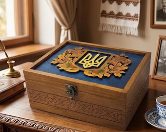 May include: A wooden box with a blue top featuring a gold and green emblem. The box has a decorative design on the sides and a metal clasp. A cup of tea on a saucer, a book, and a quill pen are also visible.