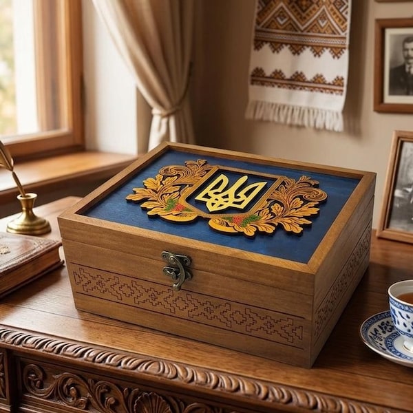 Ukrainian Tryzub Wooden Tea Box Personalized Ukraine Coat of Arms Custom Memory Chest Heritage Jewelry Box Traditional Embroidery Decor