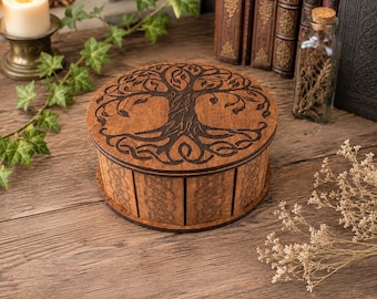 Celtic Tree of Life Wooden Box, Round Jewelry Box, Celtic Keepsake Box, Viking Pagan Decor, Witchy Gift, Small Wood Trinket Box