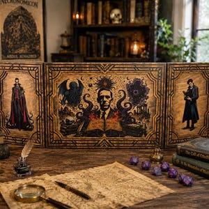 Könnte beinhalten: Ein dreiteiliger Spielleiterschirm aus Holz mit goldenen geometrischen Rändern und detaillierten Illustrationen von H.P. Lovecraft, Cthulhu und gotischen Figuren. Das mittlere Paneel zeigt ein Porträt über einem offenen Buch mit der Aufschrift Necronomicon.