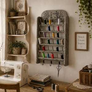 May include: A wall-mounted wooden thread rack with a distressed gray finish, featuring five shelves holding various colorful spools of thread, a decorative sewing machine illustration at the top, and three metal hooks with hanging scissors.