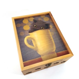 Wooden cat tea box. Engraved tea chest can be a nice gift. Tea Storage Cat Box,Tea Bag Organizer,Gift For Her, gift for mom,Tea Box