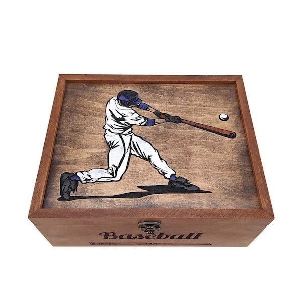 Personalized baseball box. Baseball souvenir. Baseball valuables storage box. Baseball cards box. Image of a baseball player. Baseball bat