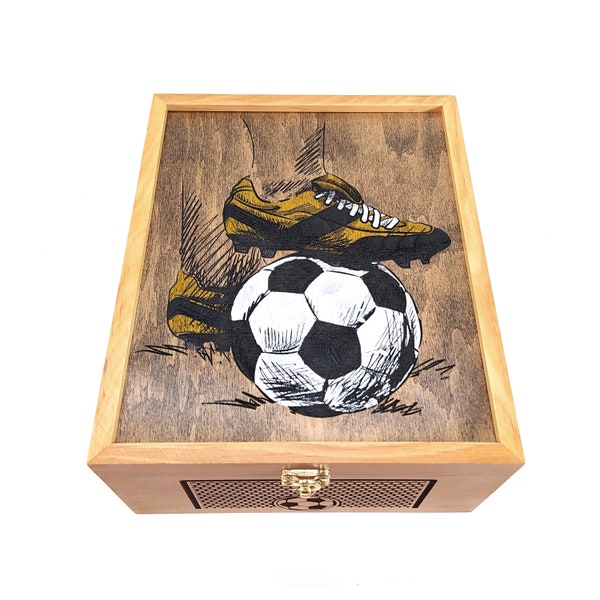Personalized football box. Souvenir of a football player. Box for storing football valuables. Soccer ball engraving. Award storage box