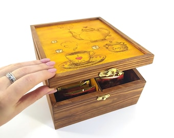 Personalized Wooden tea box. Engraved tea chest can be a nice Christams gift.Tea Storage Box,Tea Bag Organizer, Gifts For Her, Gifts For Mom