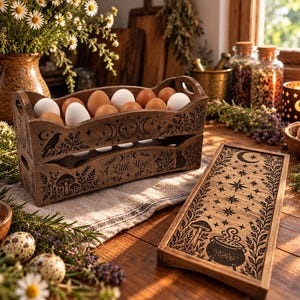 May include: A rectangular wooden egg holder with two tiers, featuring laser-engraved designs of a moon, stars, a raven, a cat, and mushrooms, with the text A Little Magic. A matching wooden lid with a cauldron and star pattern sits beside it.