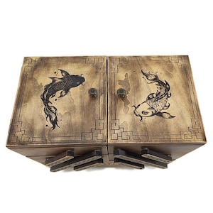 Antique box in Asian style. Yin Yang. Koi fish. Japanese box. Wood Sewing Box. Personalized box. water lotus