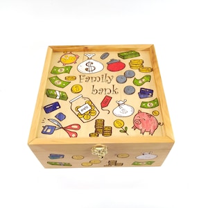 Wooden money Bank, Family bank, Custom Piggy Bank, Money Banks for Kids and Toddlers,   Nursery Decor, Birthday Gifts for Kids and Toddlers.
