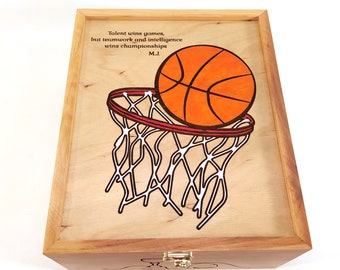 Basketball Card Storage Box – Wooden Trading Card Holder with Engraved Hoop and Ball – Sports Collector Gift