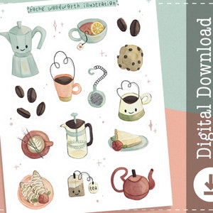 Coffee Printable Stickers | Cafe Digital Stickers Goodnotes | Bakery Cricut Design Stickers | PNG Clipart | Planner Stickers |