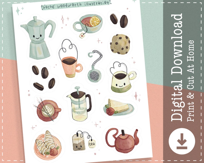 Coffee Printable Stickers Cafe Digital Stickers Goodnotes Bakery Cricut Design Stickers PNG Clipart Planner Stickers image 1