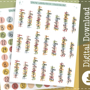 Rainbow Dates Printable Stickers | Weekdays Digital Stickers | Goodnotes Stickers | Functional Planner Stickers | Journal Stickers | Clipart