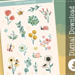 Flowers and Leaves Digital Stickers | Floral Goodnotes Stickers | Nature Printable Stickers | Sticker Sheet