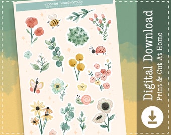 Flowers and Leaves Digital Stickers | Floral Goodnotes Stickers | Nature Printable Stickers | Sticker Sheet