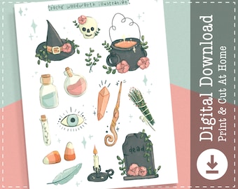 Witchy Printable Stickers | Witch Digital Stickers Goodnotes | Magic Cricut Design Stickers | Halloween PNG Clipart | Planner Stickers |