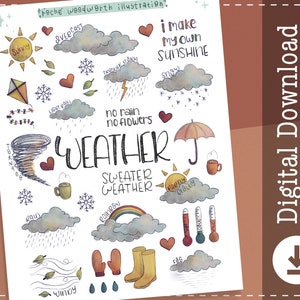 Stickers météo imprimables | Autocollants numériques | Notabilité de Goodnotes | Clipart | Nature | Ciel | À l'extérieur