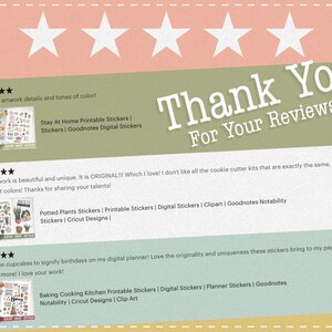 May include: Five-star reviews for digital planner stickers. The reviews highlight the original artwork, unique designs, and the use of the stickers for birthdays. The stickers are described as being for Goodnotes, Notability, and Cricut Design.
