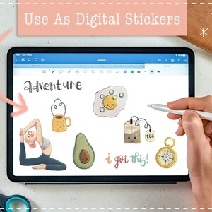 May include: A digital tablet screen displaying a collection of colorful digital stickers. The stickers include a yoga pose, a cup of coffee, an avocado, a tea bag, a compass, and a sun with a smiley face. The text "adventure" and "i got this!" are also included in the image.