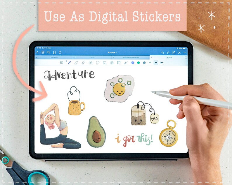 May include: A digital tablet screen displaying a collection of colorful digital stickers. The stickers include a yoga pose, a cup of coffee, an avocado, a tea bag, a compass, and a sun with a smiley face. The text "adventure" and "i got this!" are also included in the image.