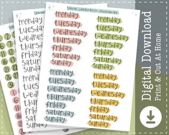 Weekdays & Numbers Printable Stickers | Digital Stickers | Goodnotes Stickers | Functional Planner Stickers | Journal Stickers | Clipart