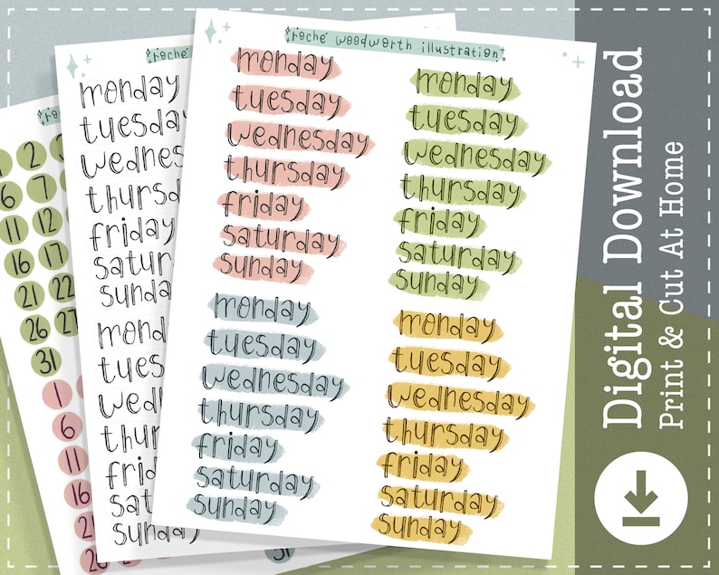 May include: Printable digital planner stickers with days of the week written in a handwritten font. The stickers are in various colors, including pink, green, yellow, and blue. The stickers are designed to be cut out and used in a planner.
