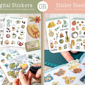 May include: Two sets of digital stickers, one with a fitness theme and the other with a summer playlist theme. The stickers are printed on white paper and are ready to be cut out and used in a digital journal. The image also shows a person cutting out a sticker from a sheet of stickers.