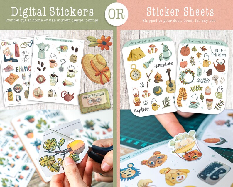 May include: Two sets of digital stickers, one with a fitness theme and the other with a summer playlist theme. The stickers are printed on white paper and are ready to be cut out and used in a digital journal. The image also shows a person cutting out a sticker from a sheet of stickers.
