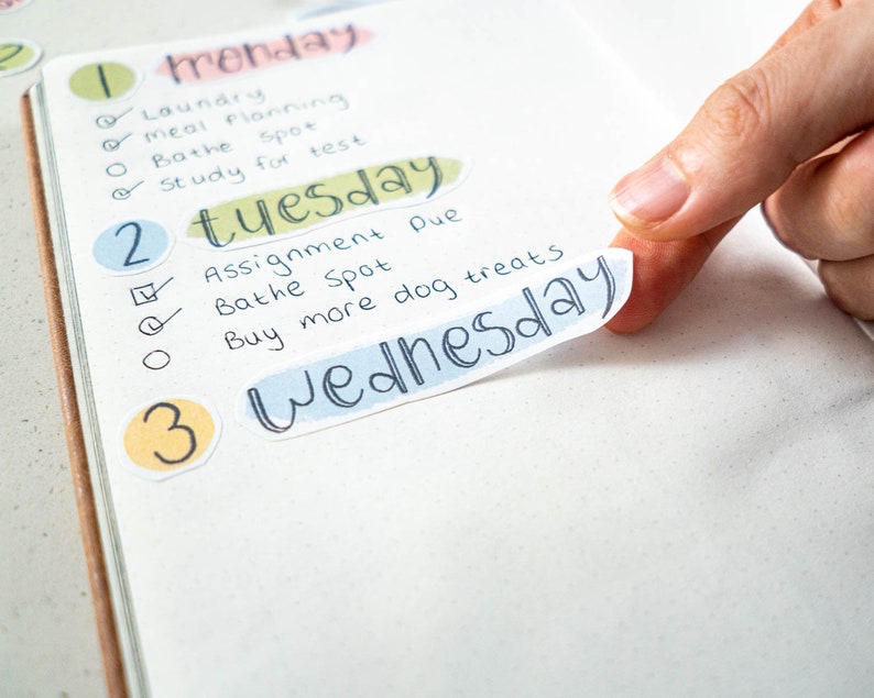 May include: A weekly planner with colorful stickers and handwritten to-do lists for Monday, Tuesday, and Wednesday. The list includes tasks like laundry, meal planning, and buying dog treats.