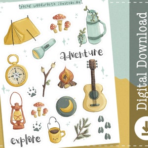 Camping Printable Stickers | Nature Digital Stickers Goodnotes | Outdoors Cricut Design Stickers | Adventure PNG Clipart | Planner |