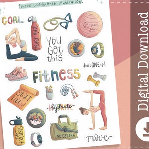 Fitness Stickers | Workout Printable Stickers | Exercise Digital Stickers | Planner Stickers | Gym Stickers | Cute Stickers | Clipart |