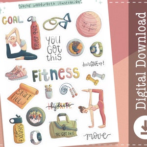 May include: A set of 15 colorful fitness themed stickers featuring motivational phrases like "You Got This", "Start Now", "Never Quit", and "Hydrate". The stickers also include images of a yoga pose, a gym bag, a water bottle, and a dumbbell.