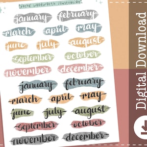 Adesivi stampabili Mesi / Nomi dei mesi / Clipart / Splash acquerello / Icone mensili / Disegni Cricut / Adesivi Planner /