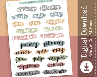 Printable Stickers Months | Month Names | Clipart | Watercolor Splash | Monthly Icons | Cricut Designs | Planner Stickers |