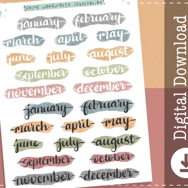 Printable Stickers Months | Month Names | Clipart | Watercolor Splash | Monthly Icons | Cricut Designs | Planner Stickers |