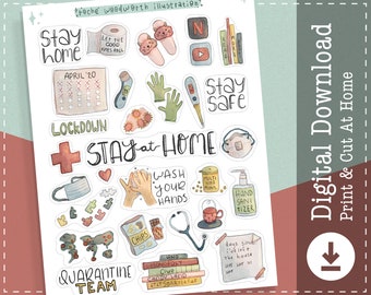 Stay At Home Printable Stickers | PNG Stickers | Clipart | Healthcare Medical | Quarantine Stickers | Goodnotes Digital Stickers