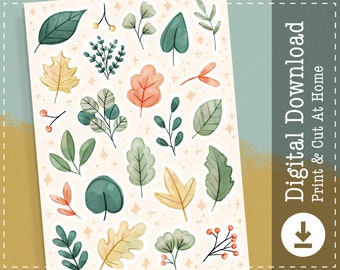 Leafy Stickers | Leaves Printable Stickers | Leaf Digital Stickers | Foliage Clipart | Goodnotes Notability Stickers | Cricut Designs |