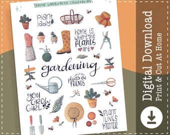 Plant Lady Gardening Nature Printable Stickers | Digital Stickers | Planner Stickers | Goodnotes Notability | Cricut Designs | Clip Art